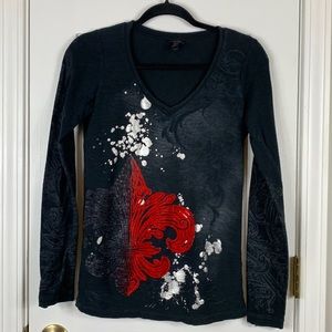 Vanity black long sleeved tee shirt with grey and red design. Size medium.